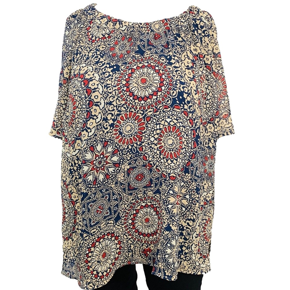 Maggie Barnes Semi Sheer Overlay Blouse Top Woman 3X Geometric‎  Print Boho Work